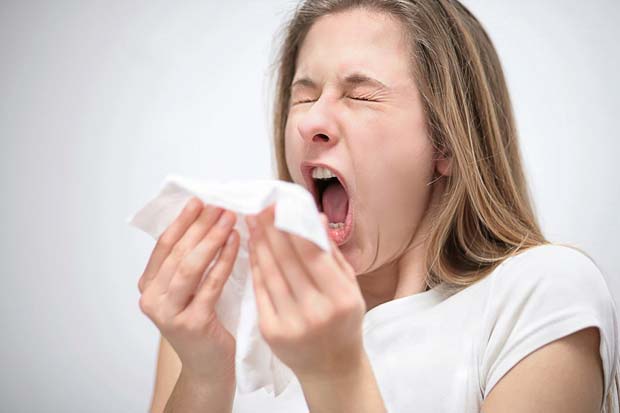 síntomas de rinitis alérgica o alergia al polvo: estornudos, congestión nasal. 